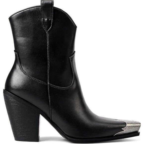 🆕Women Black Western Ankle Boots Metal Toe Booties Stacked Block Heeled Shoes - Picture 2 of 5